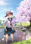  :d black_hair brown_hair cherry_blossoms day dirty grass grin highres ikeda_jun_(mizutamari) long_hair mud multiple_girls open_mouth original pleated_skirt ponytail purple_eyes school_uniform serafuku short_hair sitting skirt sky smile surprised tree twintails 