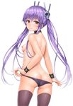  ass bangs black_panties breasts choker cowboy_shot eyebrows eyebrows_visible_through_hair from_behind hair_ornament lambda_(kusowarota) long_hair looking_at_viewer looking_back memento_(sennen_sensou_aigis) nipples panties panty_pull pulled_by_self purple_hair red_eyes sennen_sensou_aigis simple_background skull_hair_ornament small_breasts smile solo standing teeth thighhighs twintails underwear white_background wrist_cuffs 