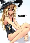  bare_legs black_swimsuit blonde_hair bow braid closed_mouth collarbone commentary_request cover cover_page doujin_cover frills fujikawa_daichi full_body gradient gradient_background hair_bow hat hat_bow kirisame_marisa knees_up long_hair looking_at_viewer one-piece_swimsuit own_hands_together side_braid simple_background single_braid sitting solo swimsuit touhou white_background white_bow witch_hat yellow_eyes 