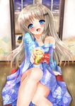  blue_eyes drink fang highres japanese_clothes kimono little_busters! long_hair mogupuchi noumi_kudryavka silver_hair sitting solo window 