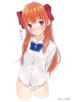  ama_mitsuki blush bow bow_panties dated dress_shirt duplicate gekkan_shoujo_nozaki-kun hair_ribbon long_hair no_pants orange_hair panties polka_dot purple_eyes ribbon rouman_academy_uniform sakura_chiyo school_uniform shirt simple_background solo translated underwear white_panties 