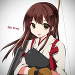  akagi_(kantai_collection) bow_(weapon) brown_eyes brown_hair character_name gloves japanese_clothes kamiyoshi_rika kantai_collection long_hair looking_at_viewer muneate open_mouth smile solo upper_body weapon 