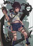  absurdres anchor black_hair bra brown_eyes estcc fubuki_(kantai_collection) highres kantai_collection kneehighs machinery pleated_skirt ponytail school_uniform serafuku skirt smile solo torn_clothes torn_skirt turret underwear 