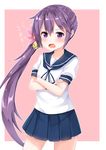  akebono_(kantai_collection) bell blush coffeedog crossed_arms flower hair_bell hair_between_eyes hair_flower hair_ornament jingle_bell kantai_collection long_hair looking_at_viewer open_mouth pleated_skirt purple_eyes purple_hair school_uniform serafuku shitty_admiral_(phrase) short_sleeves side_ponytail skirt solo teeth 