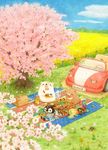  bear bird blue_sky blush bow bowtie car cherry_blossoms cloud commentary_request day eating flower food grass ground_vehicle highres horizon japanese_white-eye milk_carton mole_(animal) motor_vehicle no_humans onigiri original outdoors penguin polar_bear sitting sky st.kuma traditional_media tree watercolor_(medium) 