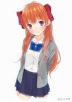  ama_mitsuki blush dated duplicate gekkan_shoujo_nozaki-kun hair_ribbon long_hair orange_hair polka_dot purple_eyes ribbon rouman_academy_uniform sakura_chiyo school_uniform simple_background smile solo 