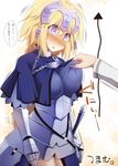  armor armored_dress blonde_hair blush braid breast_pinch breasts capelet chain commentary_request fate/apocrypha fate/grand_order fate_(series) gauntlets headpiece jeanne_d'arc_(fate) jeanne_d'arc_(fate)_(all) kurikara large_breasts long_hair nose_blush purple_eyes single_braid solo_focus sweat translation_request 