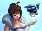  1girl bikupan breasts brown_eyes brown_hair cleavage glasses large_breasts looking_at_viewer mei mei_(overwatch) nail_polish overwatch smile solo 