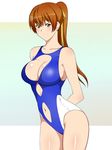  breasts brown_eyes brown_hair casual_one-piece_swimsuit cleavage cleavage_cutout dead_or_alive highres kagemusha kasumi_(doa) large_breasts long_hair navel navel_cutout one-piece_swimsuit ponytail solo standing swimsuit 