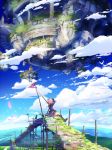  1girl aircraft airship animal animal_ears arm_up bird blue_jacket blue_sky boots bridge brown_footwear building cat_ears cat_girl cat_tail city cloud cloudy_sky commentary_request day facing_away fantasy floating_island flock highres horizon jacket long_sleeves miniskirt mochizuki_saku moss ocean original outdoors petals pink_hair pleated_skirt scenery short_hair sitting skirt sky solo tail water wide_shot wind 