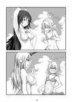  3girls bow breast_envy breasts cleavage collarbone comic fujikawa_daichi greyscale hair_bow horn hoshiguma_yuugi long_hair looking_at_another medium_breasts midriff mizuhashi_parsee monochrome multiple_girls navel paru_paru reiuji_utsuho shaded_face short_hair silent_comic small_breasts stomach surprised swimsuit third_eye touhou turn_pale upper_body 