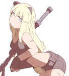  belt blonde_hair blue_eyes gloves hen_zemi highres holding holding_weapon long_hair looking_at_viewer makiko_gregory midriff monster_hunter navel nns_(sobchan) shorts simple_background solo sweat weapon white_background 