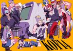  6+boys arcade_cabinet asamiya_athena bad_id bad_pixiv_id bare_shoulders baseball_cap belt blonde_hair blue_eyes blue_hair breasts brown_eyes brown_hair candy chaps choker cleavage clenched_hand closed_fan crop_top cropped_jacket cross daimon_gorou dark_skin denim dougi drooling earrings fan fatal_fury fingerless_gloves folding_fan food gloves grin hair_ornament hair_over_one_eye hairband halter_top halterneck hat headband highres hohehohe jacket japanese_clothes jeans jewelry k' kula_diamond large_breasts leona_heidern lollipop long_hair midriff multiple_boys multiple_girls muscle navel necklace nikaidou_benimaru ninja pants pelvic_curtain ponytail purple_hair red_eyes red_hair red_pants revealing_clothes school_uniform serafuku shiranui_mai shirt shirtless short_hair sie_kensou skirt smile snk star star_hair_ornament sunglasses t-shirt tank_top terry_bogard the_king_of_fighters vest white_hair yagami_iori 