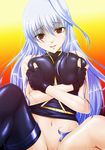  bottomless breasts fingerless_gloves gloves highres large_breasts long_hair lyrical_nanoha mahou_shoujo_lyrical_nanoha mahou_shoujo_lyrical_nanoha_a's out-of-frame_censoring red_eyes reinforce self_fondle silver_hair single_thighhigh solo tappa_(esperanza) thighhighs 