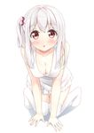  all_fours bangs blush breasts brown_eyes collarbone dress hair_bobbles hair_ornament karutamo long_hair looking_at_viewer medium_breasts one_side_up open_mouth original silver_hair simple_background solo thighhighs tisshu_(karutamo) white_background white_dress white_legwear 
