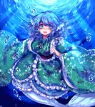  blue_eyes blue_hair blue_kimono breasts bubble floral_print frilled_kimono frills head_fins japanese_clothes kimono large_breasts long_sleeves looking_at_viewer mermaid monster_girl obi sash shan smile solo sunlight touhou underwater wakasagihime wide_sleeves 