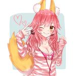  animal_ears blush bra breasts cleavage fate/extra fate_(series) fox_ears fox_tail hair_ribbon heart highres looking_at_viewer medium_breasts one_eye_closed open_clothes open_shirt pink_bra pink_hair ribbon sakura_mineko shirt smile solo tail tamamo_(fate)_(all) tamamo_no_mae_(fate) underwear yellow_eyes 