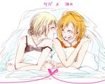  bed_sheet blush holding_hands interlocked_fingers jewelry kira_tsubasa kousaka_honoka laughing light_brown_hair love_live! love_live!_school_idol_project multiple_girls necklace off_shoulder ring saku_(amespi) short_hair yuri 