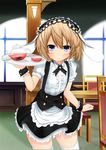  alternate_costume apron blanc blue_eyes blush brown_hair cosplay enmaided ex_idol fleur_de_lapin_uniform frills gochuumon_wa_usagi_desu_ka? highres looking_at_viewer maid maid_apron maid_headdress neptune_(series) puffy_sleeves short_hair smile solo tray waist_apron white_legwear wrist_cuffs 