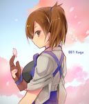  blue_skirt breasts brown_hair bug butterfly cherry_blossoms dress insect japanese_clothes kaga_(kantai_collection) kamiyoshi_rika kantai_collection large_breasts looking_at_viewer muneate side_ponytail skirt solo white_dress 