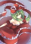  adapted_costume alternate_costume arm_ribbon bow breasts cleavage commentary_request dress frills front_ponytail green_eyes green_hair hair_bow hair_ribbon janne_cherry kagiyama_hina large_breasts looking_at_viewer red_bow red_dress ribbon smile solo touhou 