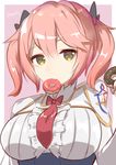  absurdres allos bad_id bad_pixiv_id breasts character_name doughnut food hair_between_eyes highres holding holding_food large_breasts looking_at_viewer mouth_hold necktie philuffy_aingram pink_hair red_neckwear saijaku_muhai_no_bahamut school_uniform short_hair short_twintails simple_background solo tied_hair twintails upper_body yellow_eyes 