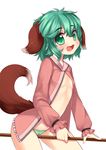  :d animal_ears between_legs blush broom cowboy_shot fang flat_chest floppy_ears green_eyes green_hair green_panties highres kasodani_kyouko long_sleeves no_pants open_clothes open_mouth open_shirt panties shirt simple_background smile solo tail thighs touhou underwear white_background wolflong 