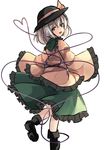  :d commentary_request dress eyeball frilled_dress frilled_skirt frilled_sleeves frills from_behind full_body green_eyes hat hat_ribbon heart heart_of_string janne_cherry komeiji_koishi long_sleeves looking_at_viewer looking_back open_mouth ribbon short_hair silver_hair skirt smile smug solo third_eye touhou white_background wide_sleeves 