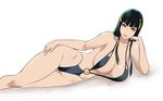  bikini black_bikini black_hair breasts cleavage closed_mouth collarbone commentary_request dead_or_alive dead_or_alive_5 hair_ornament highres hime_cut large_breasts long_hair looking_at_viewer lying mole mole_under_mouth navel nyotengu on_side red_eyes shibusun slingshot_swimsuit smile solo swimsuit 
