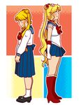  back-to-back bishoujo_senshi_sailor_moon blonde_hair blue_sailor_collar blue_skirt boots choker commentary dual_persona full_body high_heels juuban_middle_school_uniform knee_boots long_hair long_sleeves mary_janes miniskirt multiple_girls pleated_skirt red_choker red_footwear sailor_collar sailor_moon sailor_senshi_uniform sakurarose12 school_uniform serafuku shirt shoes short_sleeves skirt standing tsukino_usagi twintails very_long_hair w.i.t.c.h. watermark web_address white_shirt 