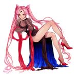  bangs bare_legs bishoujo_senshi_sailor_moon black_dress black_lady chibi_usa chin_rest crescent double_bun dress evil facial_mark forehead_mark gang_g high_heels highres leg_up long_dress long_hair long_legs long_sleeves no_socks older parted_bangs pink_hair puffy_long_sleeves puffy_sleeves pumps red_eyes red_footwear see-through shoes side_slit signature sitting solo twintails very_long_hair white_background 