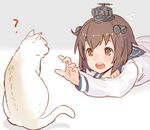  ? brown_eyes brown_hair cat dress flying_sweatdrops kantai_collection keemu_(occhoko-cho) long_sleeves looking_at_another lying on_stomach open_mouth outstretched_arm reaching sailor_dress school_uniform serafuku short_hair silhouette solo sweatdrop yukikaze_(kantai_collection) 