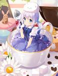  angora_rabbit blue_eyes blue_hair blush bunny cocoa_bean coffee coffee_beans cup dress flower food frilled_gloves frilled_skirt frilled_sleeves frills fruit gloves gochuumon_wa_usagi_desu_ka? hitsukuya in_container in_cup kafuu_chino long_hair looking_at_viewer macaron magical_girl minigirl open_mouth pastry skirt solo spoon strawberry sugar_cube teacup tippy_(gochiusa) twintails 