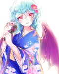  alternate_costume bangs bat_wings blue_hair camellia egasumi eyebrows eyebrows_visible_through_hair eyelashes floral_print flower hair_between_eyes hair_flower hair_ornament highres holding holding_microphone japanese_clothes kimono looking_at_viewer microphone nail_polish obi parted_lips pink_lips red_eyes red_nails remilia_scarlet rosette_(roze-ko) sash simple_background slit_pupils solo touhou upper_body wavy_hair white_background wings 