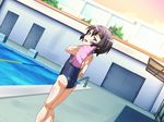  black_hair blue_eyes game_cg hanaya headband loli pool school_swimsuit short_hair swimsuit tagme_(character) towel water 