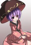  :o bowl bowl_hat commentary_request hat janne_cherry japanese_clothes kimono long_sleeves looking_at_viewer multicolored_hair obi object_on_head purple_eyes purple_hair sash short_hair solo sukuna_shinmyoumaru touhou wide_sleeves 