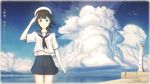  a6m_zero absurdres aircraft airplane arm_up beret blouse cloud cloudy_sky coat cowboy_shot day fubuki_(kantai_collection) gloves hat highres horizon kantai_collection key_kun lighthouse looking_at_viewer navel neckerchief outdoors pleated_skirt sailor_collar salute school_uniform serafuku shore short_hair short_sleeves skirt sky smile solo standing thigh_gap translated water white_blouse white_gloves 