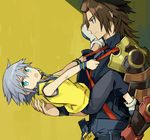  :o armor black_shirt blue_eyes brown_hair child cowboy_shot grey_hair kingdom_hearts kingdom_hearts_birth_by_sleep male_focus messy_hair multiple_boys ninomoto riku shirt size_difference smile terra_(kingdom_hearts) yellow_background yellow_shirt younger 