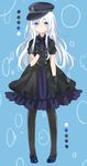  :o alternate_costume anchor_symbol arm_at_side black_dress black_gloves black_hat black_legwear blue_background blue_bow blue_eyes blue_footwear blue_neckwear blush bow bowtie buttons color_guide double-breasted dress flat_cap flats full_body gloves hair_between_eyes hand_on_own_chest hat hibiki_(kantai_collection) highres kantai_collection layered_dress long_hair looking_at_viewer mary_janes pantyhose parted_lips puffy_short_sleeves puffy_sleeves shijima_(sjmr02) shoes short_sleeves simple_background solo standing tareme white_hair 
