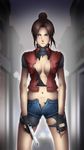  bike_shorts blue_eyes blush breasts brown_hair capcom claire_redfield fingerless_gloves gloves gun highres holding holding_gun holding_weapon jacket large_breasts legs long_hair looking_at_viewer midriff navel no_bra outdoors ponytail resident_evil resident_evil_2 serious short short_shorts short_sleeves solo standing sweat thighs thor_(deep_rising) torn_clothes weapon 