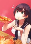  :p agano_(kantai_collection) anchor_symbol bare_shoulders black_hair breasts cheese_trail cupping_hand eating food green_eyes heart highres holding holding_food holding_pizza kantai_collection long_hair medium_breasts necktie no_gloves pink_background pizza school_uniform serafuku simple_background slice_of_pizza smile solo suginoji table tongue tongue_out 