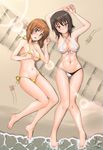  :o armpits arms_up ass_visible_through_thighs bare_arms bare_legs bare_shoulders barefoot beach bikini black_hair brown_eyes brown_hair cannon collarbone criss-cross_halter eyebrows eyebrows_visible_through_hair front-tie_top girls_und_panzer groin ground_vehicle hair_between_eyes halter_top halterneck highres koutarou_(plusdrive) light_rays looking_at_viewer lying micro_bikini midriff military military_vehicle motor_vehicle multiple_girls navel nishizumi_maho nishizumi_miho on_back open_mouth ribbon sand shore short_hair siblings side-tie_bikini sisters soles star stomach sunlight swimsuit tank tareme thigh_gap toes toned tsurime turret water white_bikini white_ribbon yellow_bikini yellow_ribbon 