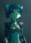  1girl absurdres animal_ears animal_nose armor artist_name blue_background blue_eyes blue_fur blue_hair body_fur bra breasts choker circlet closed_mouth collarbone commentary english_commentary fox_ears furry furry_female highleg highres jewelry krystal looking_up navel necklace raikoh-illust rain short_hair shoulder_armor shoulder_pads simple_background small_breasts snout solo standing star_fox two-tone_fur underwear upper_body vambraces watermark white_fur 