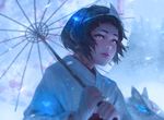  animal black_hair blue_eyes fox guweiz headdress japanese_clothes kimono nora_(noragami) noragami short_hair tattoo umbrella 