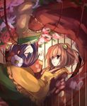  apron bell closed_eyes dress flower hair_bell hair_flower hair_ornament hieda_no_akyuu janne_cherry japanese_clothes long_sleeves maid_apron motoori_kosuzu multiple_girls red_eyes short_hair touhou two_side_up upside-down wide_sleeves 