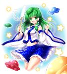  bare_shoulders breasts detached_sleeves frog_hair_ornament gohei green_eyes green_hair hair_ornament hair_tubes highres kochiya_sanae long_hair looking_at_viewer medium_breasts navel open_mouth osashin_(osada) skirt smile snake_hair_ornament solo star touhou ufo 