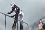  1girl :d =_= against_railing armor ass blood blue_eyes blush bodysuit breasts closed_eyes covered_nipples eyebrows fog from_below from_side genya_(genya67) gloves grey_hair grin highres impossible_bodysuit impossible_clothes large_breasts leaning_forward legs_apart long_hair looking_at_another looking_back muvluv nose_blush nosebleed open_mouth outdoors outstretched_arms pilot_suit pine_tree pointing profile railing schwarzesmarken shiny shiny_clothes short_hair sideburns silver_hair skin_tight smile solo_focus standing sylwia_krzasinska thick_eyebrows tree wavy_hair 