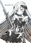  armor bangs blunt_bangs blush brynhildr_(fate) cowboy_shot dress embarrassed fate/prototype fate/prototype:_fragments_of_blue_and_silver fate_(series) gauntlets greyscale grimjin hatching_(texture) highres holding holding_weapon long_hair looking_at_viewer miniskirt monochrome pleated_skirt polearm skirt solo spear text_focus very_long_hair weapon 