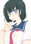  bad_id bad_pixiv_id black_hair blue_eyes blush breasts covered_nipples finger_to_mouth glasses green_hair haruchika highres itou_ayachi lips looking_at_viewer medium_breasts no_bra school_uniform see-through serizawa_naoko short_hair smile solo upper_body 