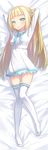  arms_behind_head ass_visible_through_thighs blonde_hair dakimakura full_body green_eyes highres long_hair lying on_back on_bed shingo_(missing_link) solo thighhighs 